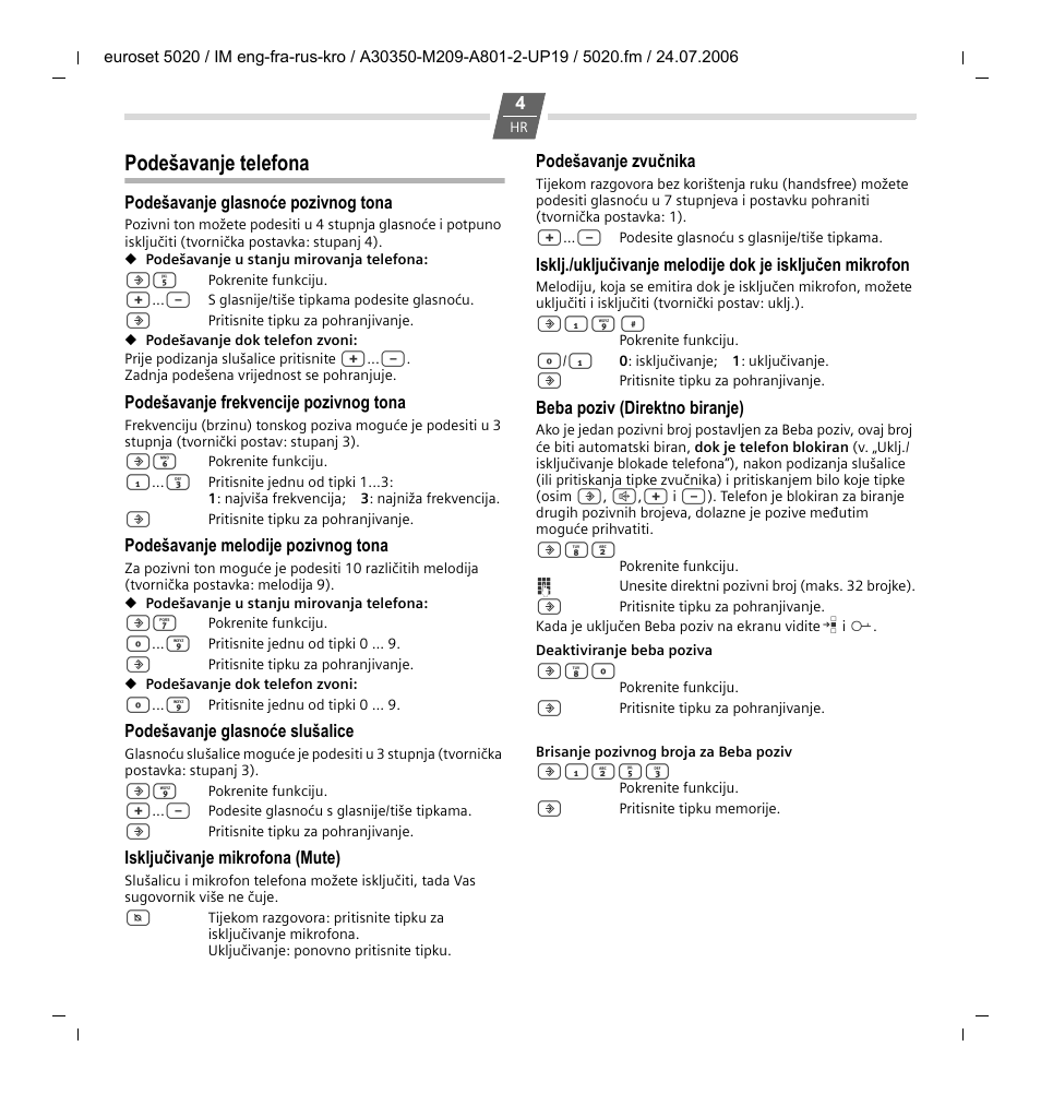 Podešavanje telefona | Siemens Euroset 5020 User Manual | Page 34 / 43