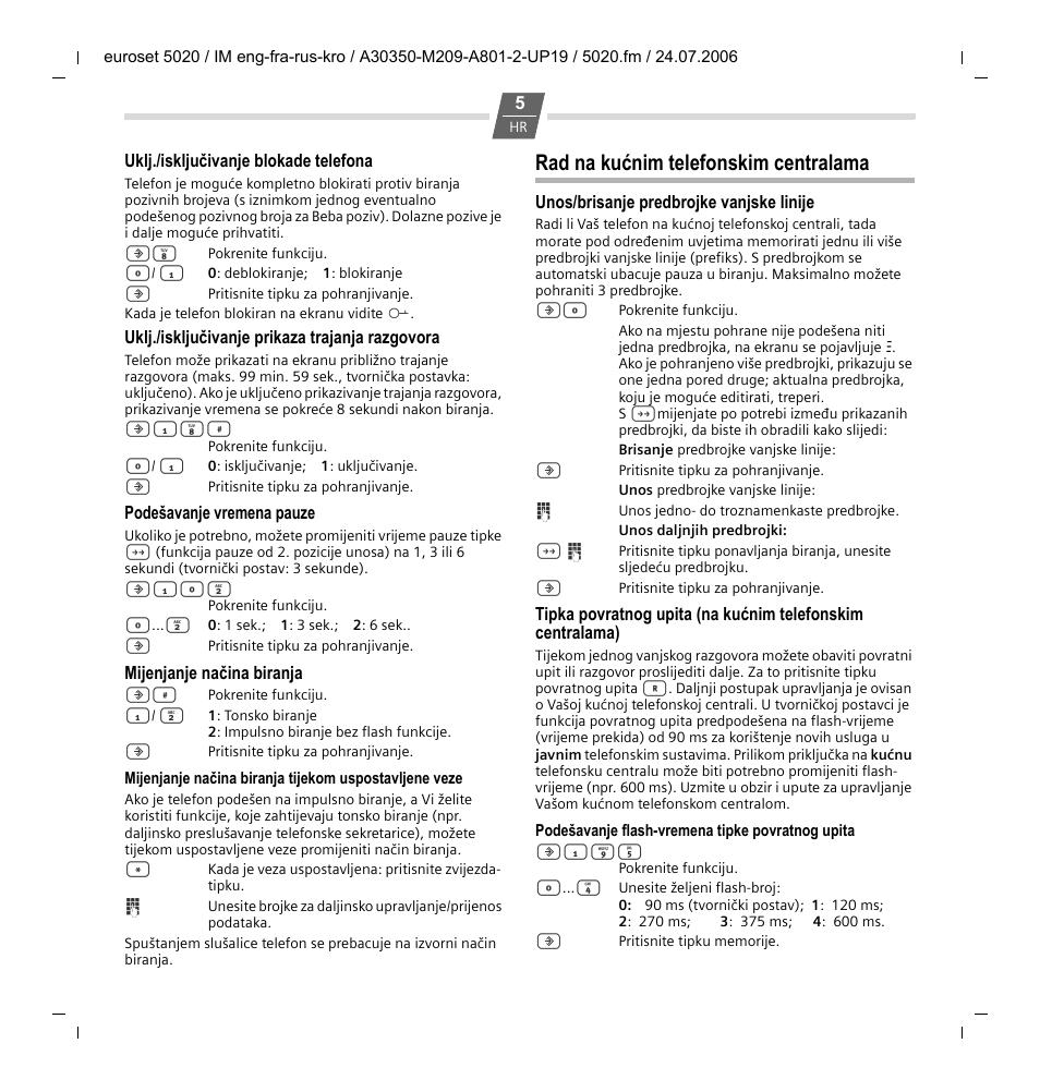 Rad na kućnim telefonskim centralama | Siemens Euroset 5020 User Manual | Page 35 / 43