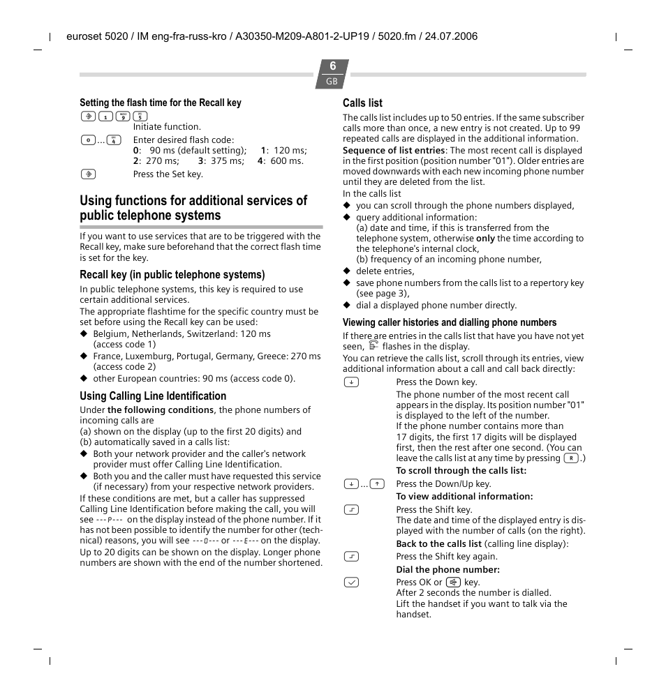 Setting the flash time for the recall key, Recall key (in public telephone systems), Using calling line identification | Calls list | Siemens Euroset 5020 User Manual | Page 6 / 43