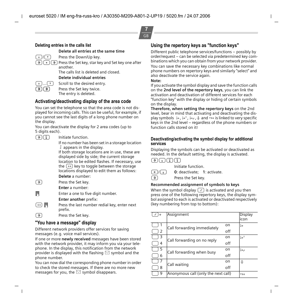 Deleting entries in the calls list, Activating/deactivating display of the area code, You have a message" display | Using the repertory keys as "function keys | Siemens Euroset 5020 User Manual | Page 7 / 43