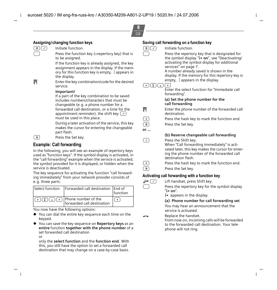 Assigning / changing function keys, Example: call forwarding, Saving call forwarding on a function key | Activating call forwarding with a function key | Siemens Euroset 5020 User Manual | Page 8 / 43