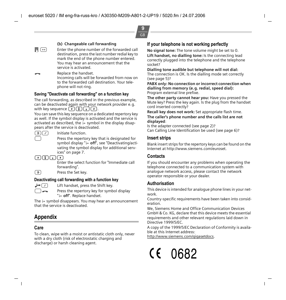 Deactivating call forwarding with a function key, Appendix, Care | If your telephone is not working perfectly, Insert strips, Contacts, Authorisation | Siemens Euroset 5020 User Manual | Page 9 / 43