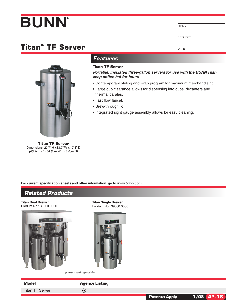 Bunn Coffemaker Titan TF Server User Manual | 2 pages