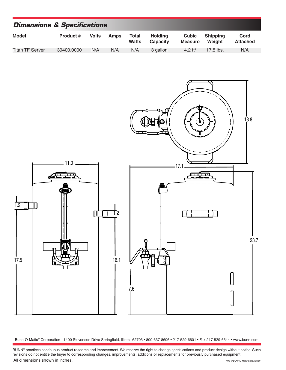 Dimensions & specifications | Bunn Coffemaker Titan TF Server User Manual | Page 2 / 2