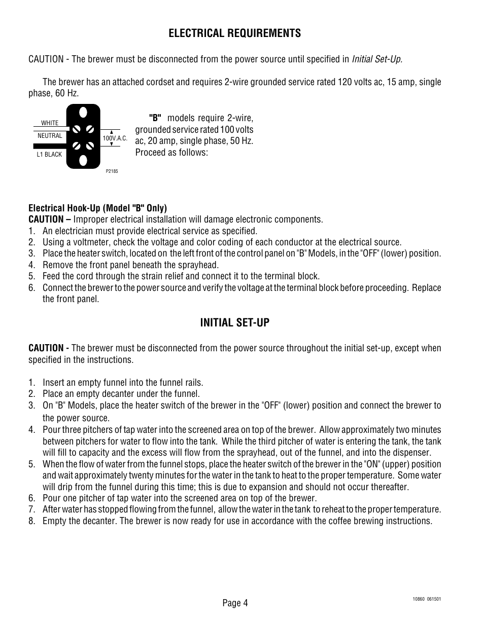Electrical requirements, Initial set-up | Bunn VP17B User Manual | Page 4 / 19