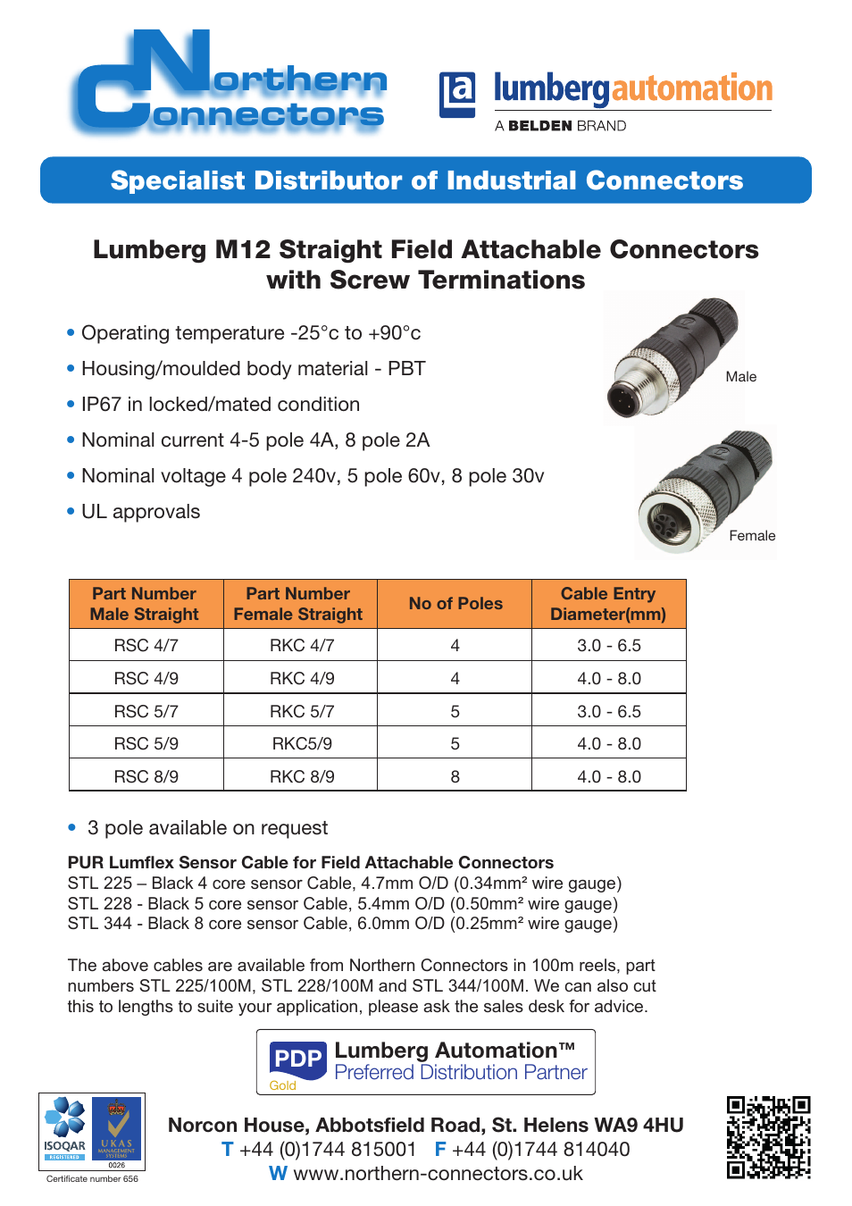 Northern Connectors Lumberg Automation M12 Field-Attachable Cable Connectors User Manual | 2 pages