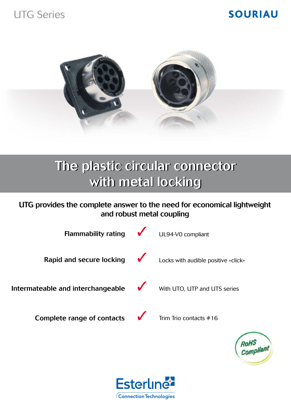 Northern Connectors Souriau UTG Plastic Circular Connectors with Metal Coupling User Manual | 32 pages