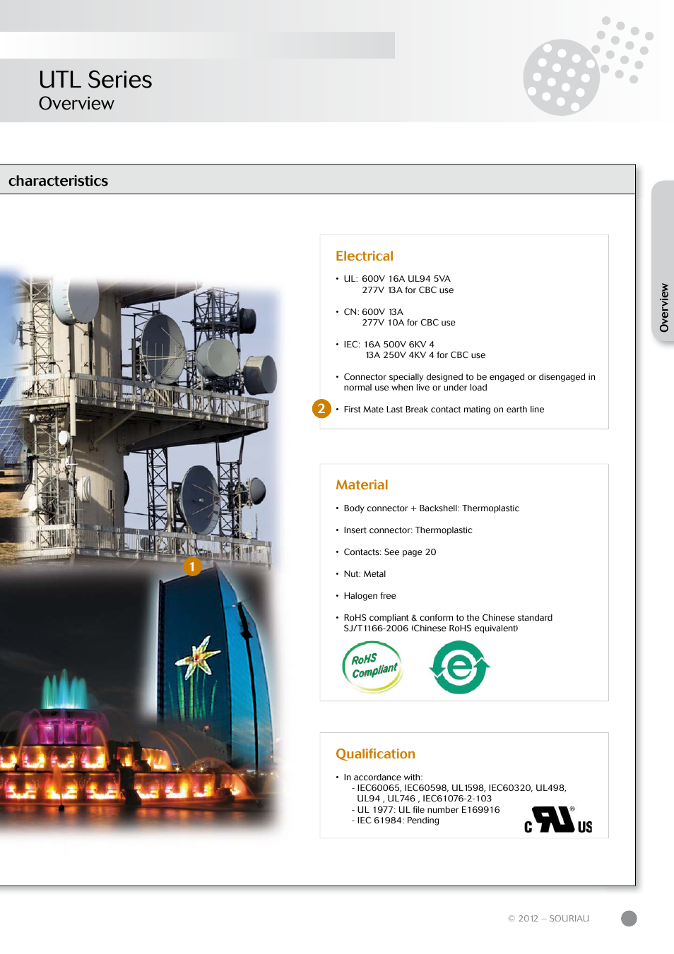Utl series, Overview, Characteristics | Qualifi cation, Material, Electrical | Northern Connectors Souriau UTL Series Push-Pull Connectors User Manual | Page 11 / 60