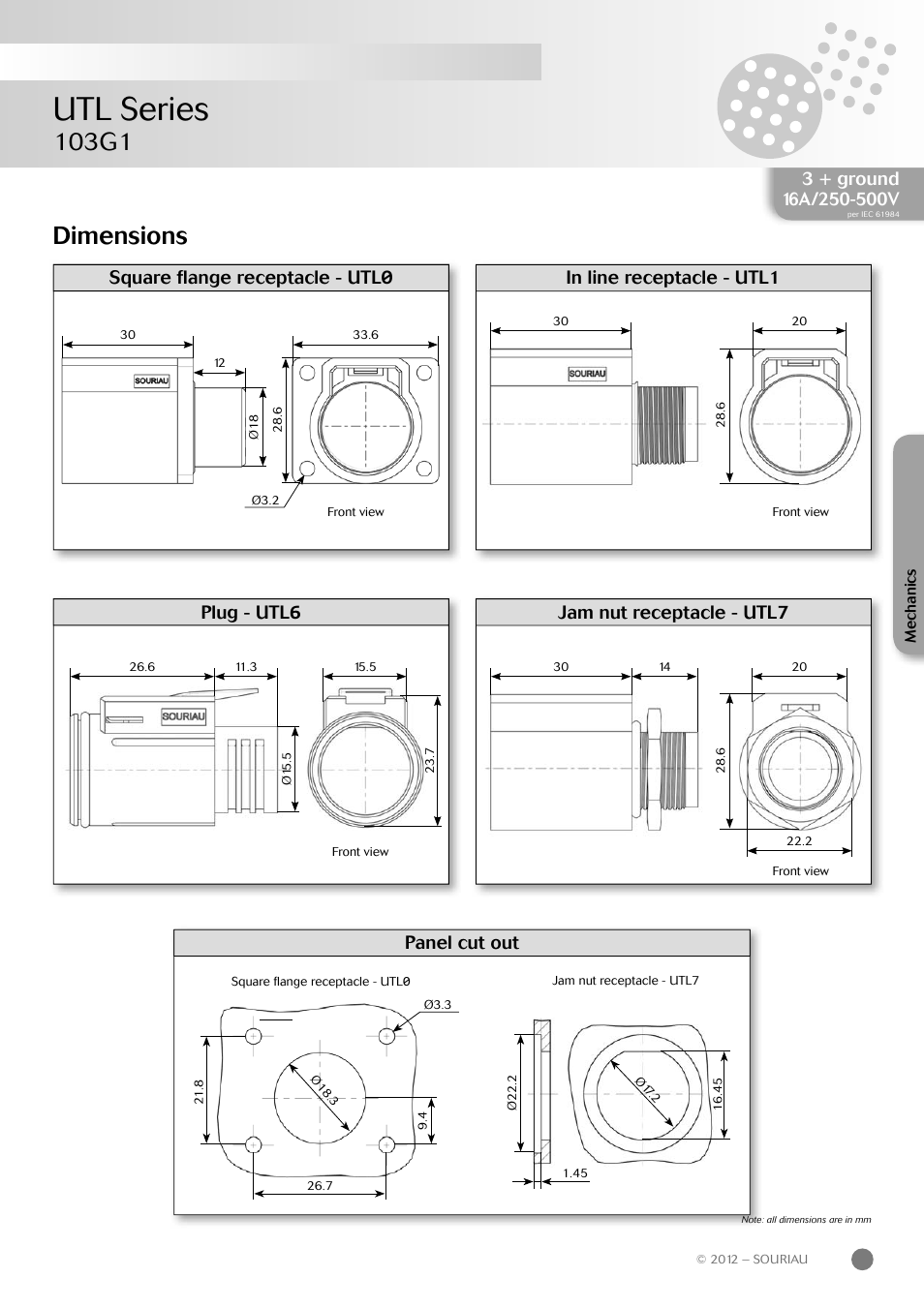 Utl series, 103g1 dimensions, Jam nut receptacle - utl7 plug - utl | Panel cut out | Northern Connectors Souriau UTL Series Push-Pull Connectors User Manual | Page 15 / 60
