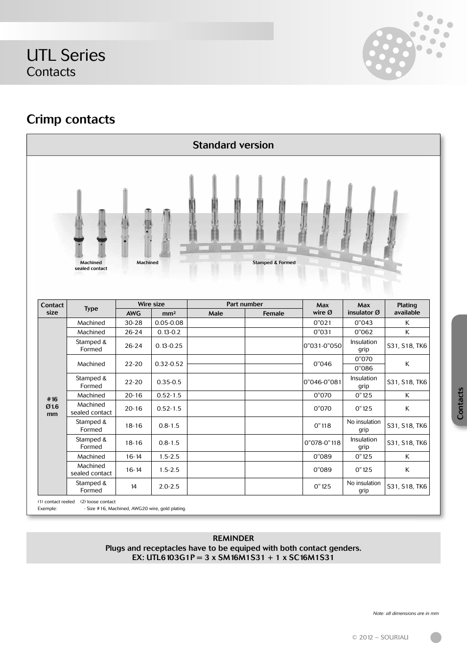 Utl series, Contacts crimp contacts, Standard version | Contacts | Northern Connectors Souriau UTL Series Push-Pull Connectors User Manual | Page 23 / 60