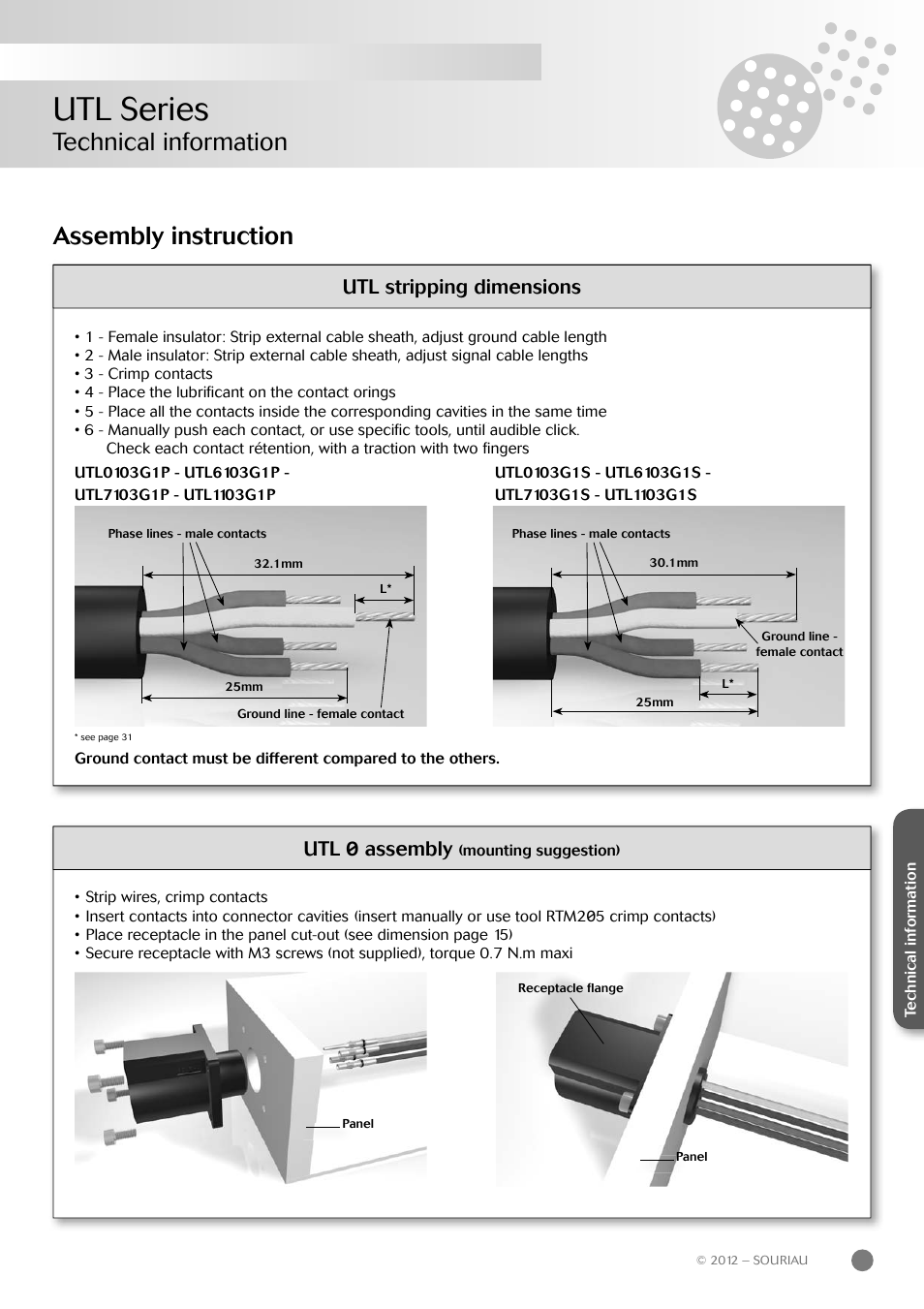 Utl series, Assembly instruction, Technical information | Utl stripping dimensions, Assembly | Northern Connectors Souriau UTL Series Push-Pull Connectors User Manual | Page 33 / 60