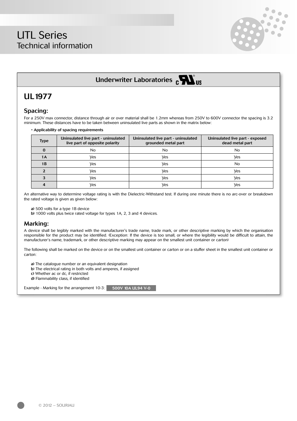 Utl series, Technical information, Ul1977 | Underwriter laboratories, Spacing, Marking | Northern Connectors Souriau UTL Series Push-Pull Connectors User Manual | Page 44 / 60