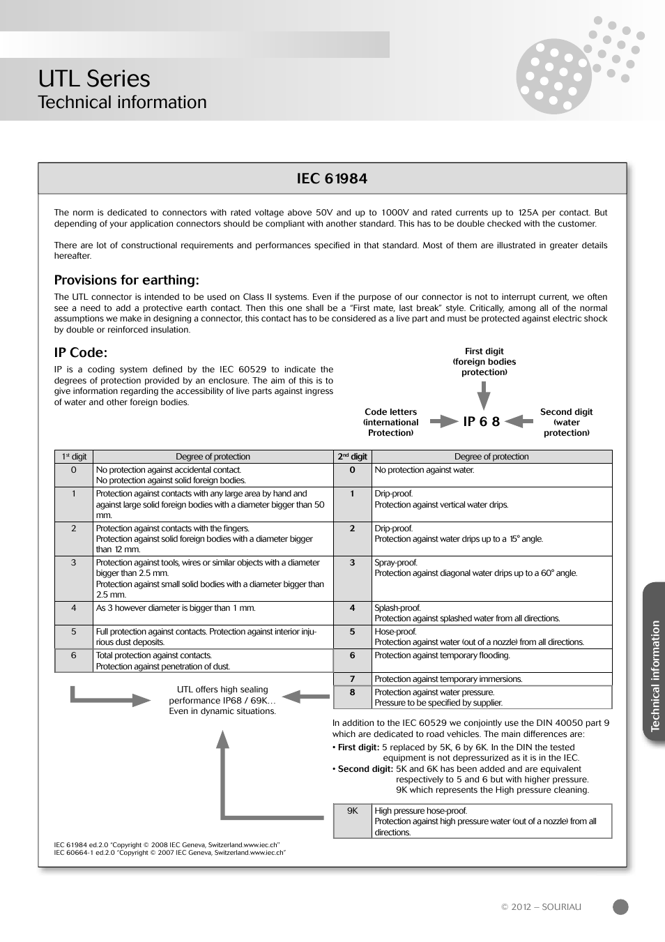 Utl series, Technical information, Provisions for earthing | Ip code, Ip 6 8 | Northern Connectors Souriau UTL Series Push-Pull Connectors User Manual | Page 45 / 60