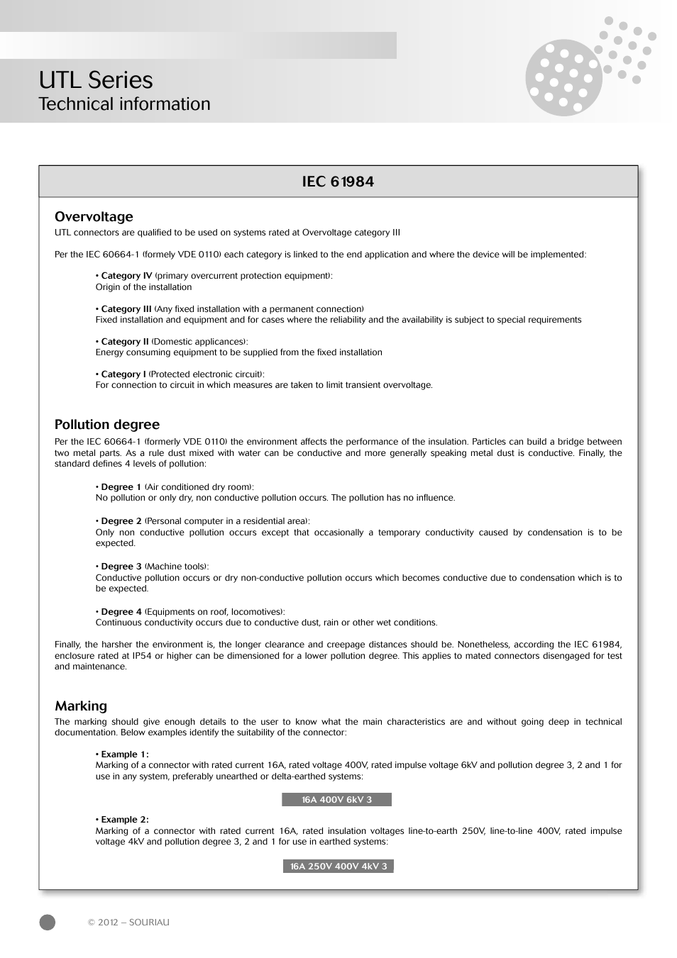 Utl series, Technical information, Overvoltage | Pollution degree, Marking | Northern Connectors Souriau UTL Series Push-Pull Connectors User Manual | Page 46 / 60