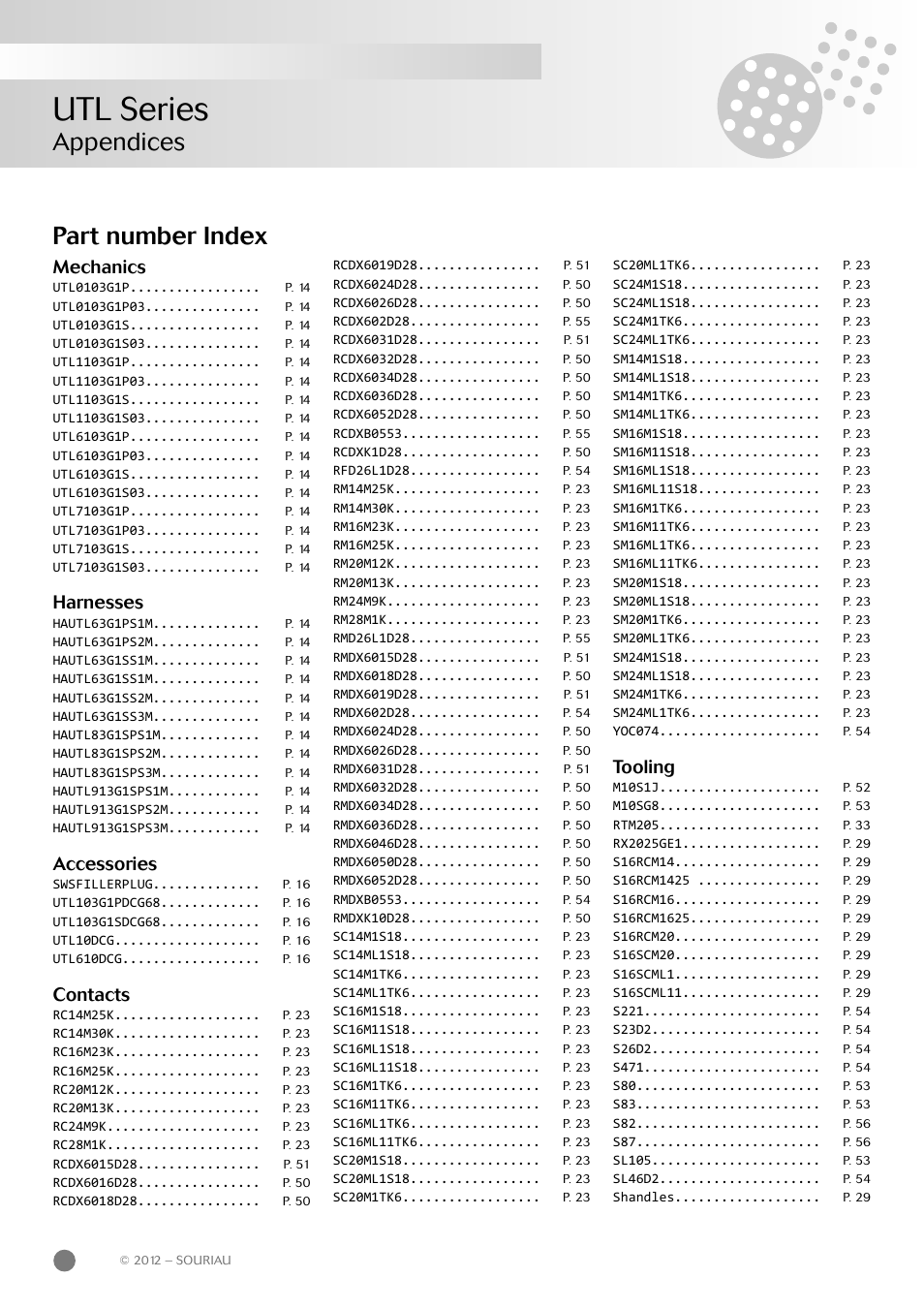 Utl series, Appendices part number index, Mechanics | Harnesses, Accessories, Contacts, Tooling | Northern Connectors Souriau UTL Series Push-Pull Connectors User Manual | Page 58 / 60