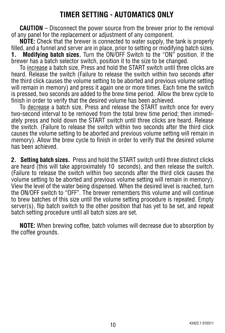 Timer setting - automatics only | Bunn 10 Cup Pourover Coffee Brewer A10 User Manual | Page 10 / 15