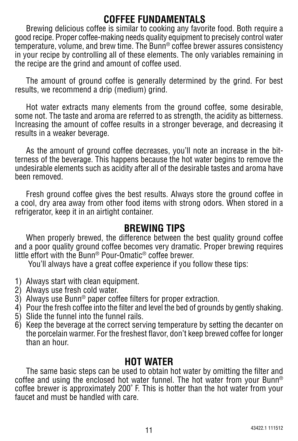 Hot water, Coffee fundamentals, Brewing tips | Bunn 10 Cup Pourover Coffee Brewer A10 User Manual | Page 11 / 15