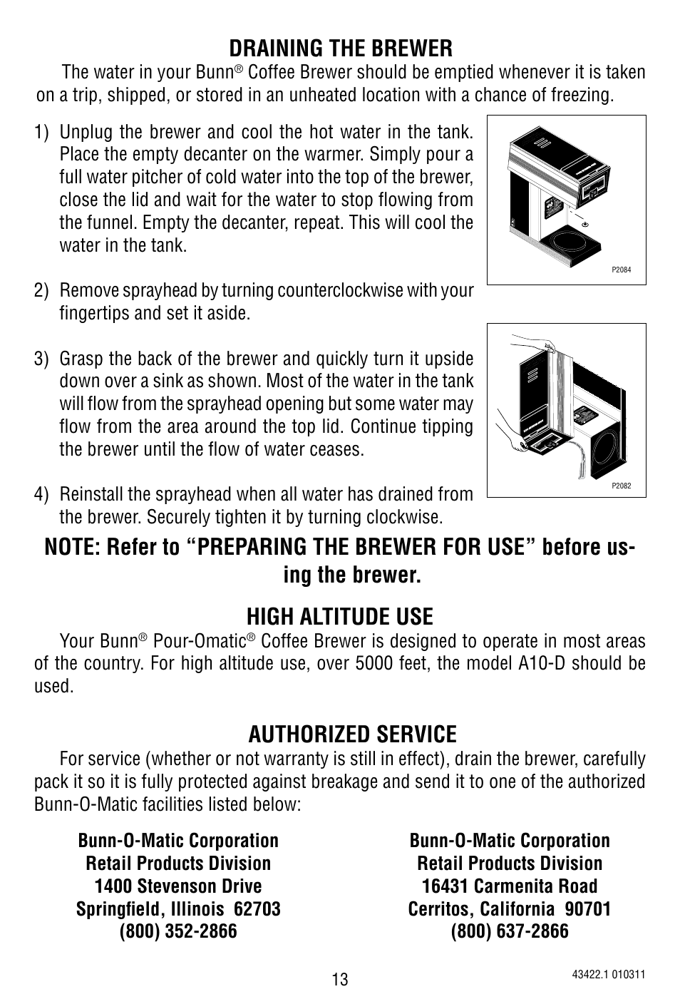 Draining the brewer, High altitude use, Authorized service | Bunn 10 Cup Pourover Coffee Brewer A10 User Manual | Page 13 / 15