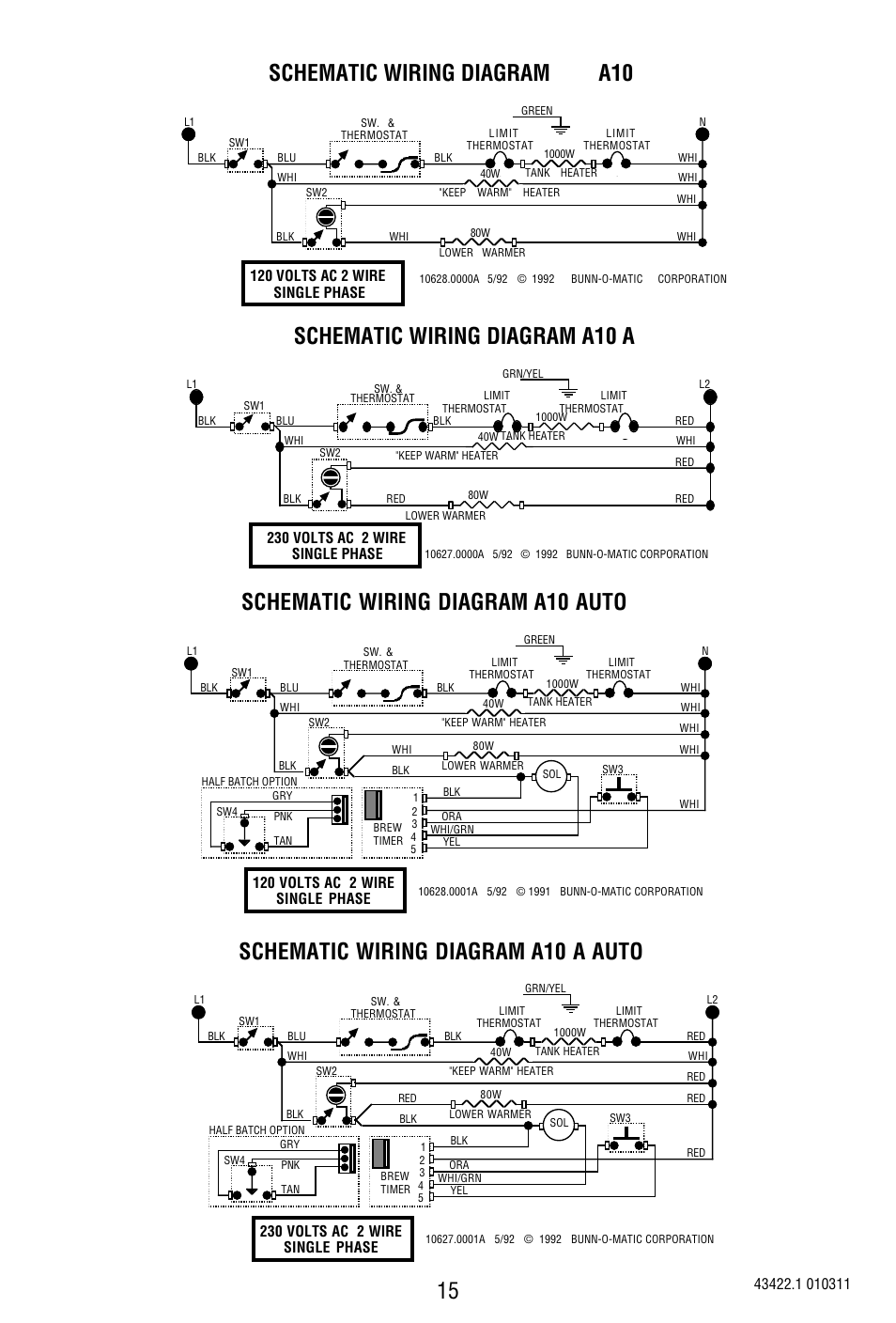 Schematic wiring diagram a10 a, Schematic wiring diagram a10 a auto, Schematic wiring diagram a10 | Schematic wiring diagram a10 auto | Bunn 10 Cup Pourover Coffee Brewer A10 User Manual | Page 15 / 15