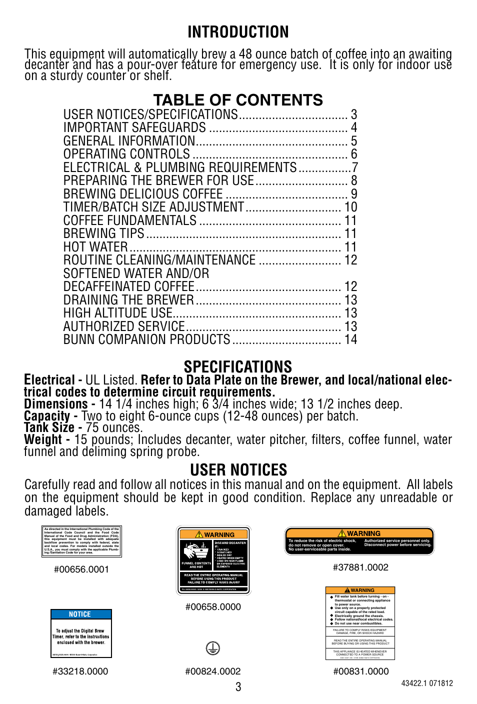 Bunn 10 Cup Pourover Coffee Brewer A10 User Manual | Page 3 / 15