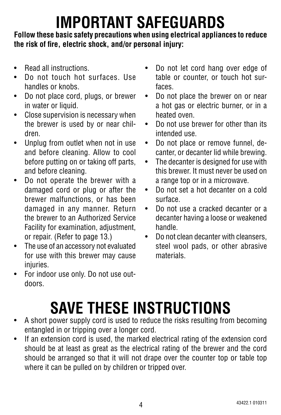 Important safeguards, Save these instructions | Bunn 10 Cup Pourover Coffee Brewer A10 User Manual | Page 4 / 15