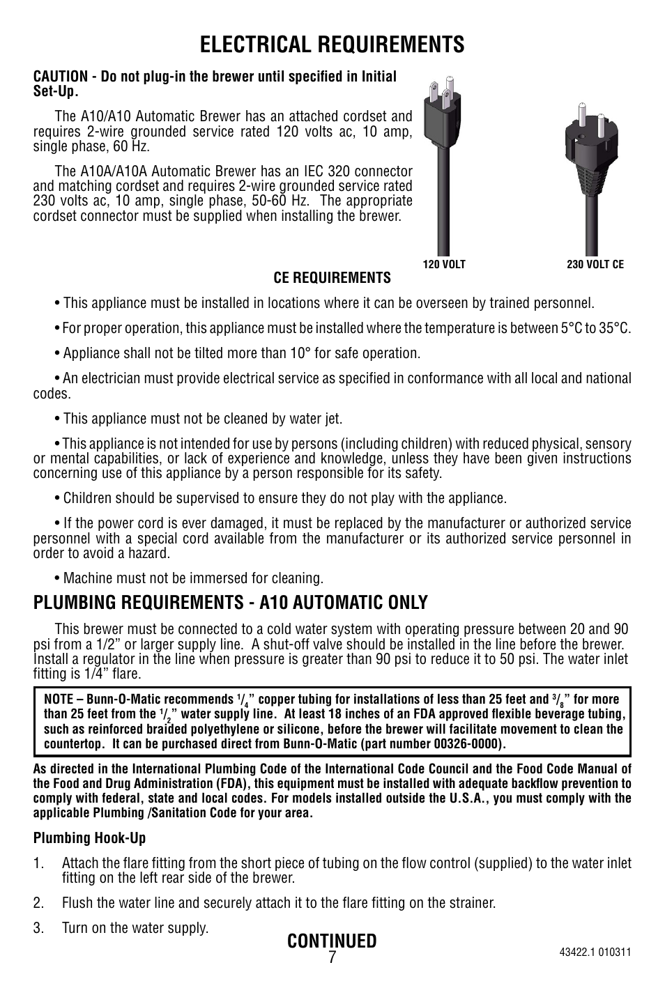 Electrical requirements | Bunn 10 Cup Pourover Coffee Brewer A10 User Manual | Page 7 / 15