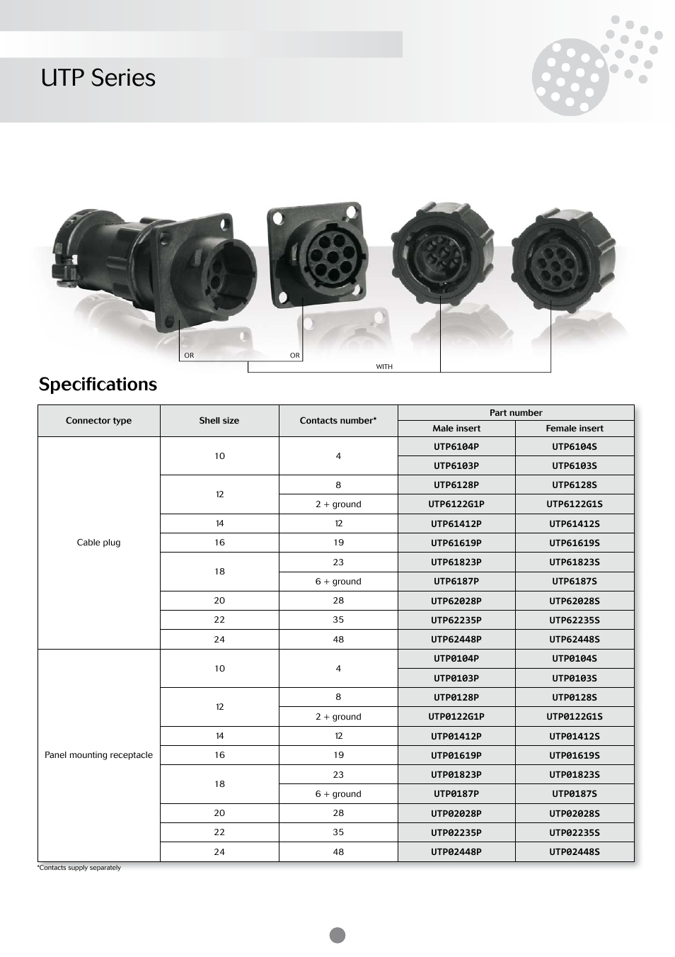 Utp series, Specifi cations | Northern Connectors Souriau UTP Plastic Circular Connectors User Manual | Page 4 / 24