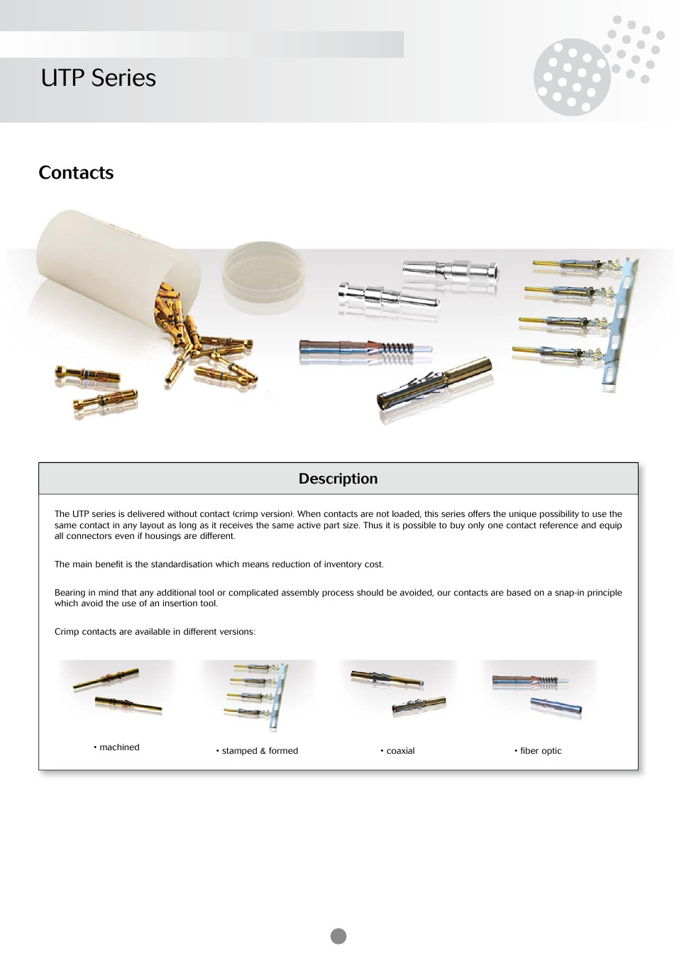 Utp series, Contacts, Description | Northern Connectors Souriau UTP Plastic Circular Connectors User Manual | Page 8 / 24