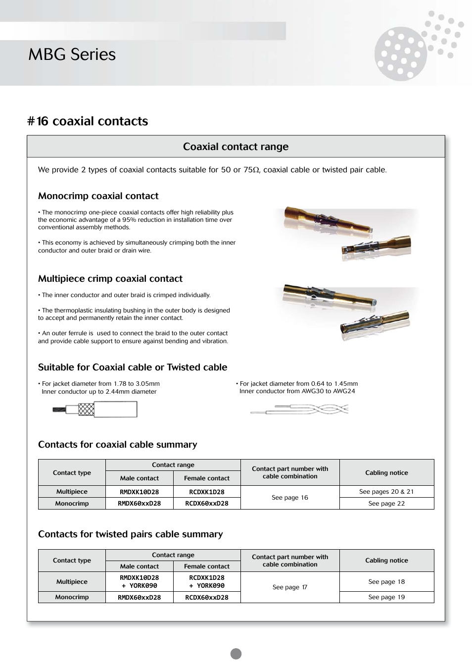 Mbg series, 16 coaxial contacts, Coaxial contact range | Monocrimp coaxial contact, Multipiece crimp coaxial contact, Suitable for coaxial cable or twisted cable, Contacts for coaxial cable summary, Contacts for twisted pairs cable summary | Northern Connectors Souriau MBG Plastic Circular Connectors User Manual | Page 13 / 24