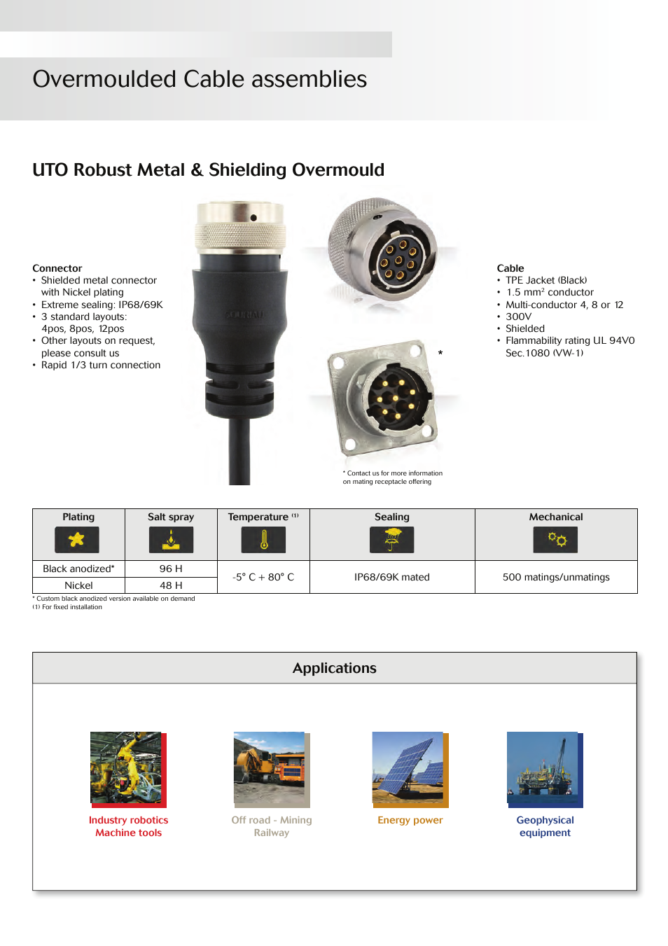 Overmoulded cable assemblies, Uto robust metal & shielding overmould, Applications | Northern Connectors Souriau Overmoulded Cable Assemblies User Manual | Page 3 / 8