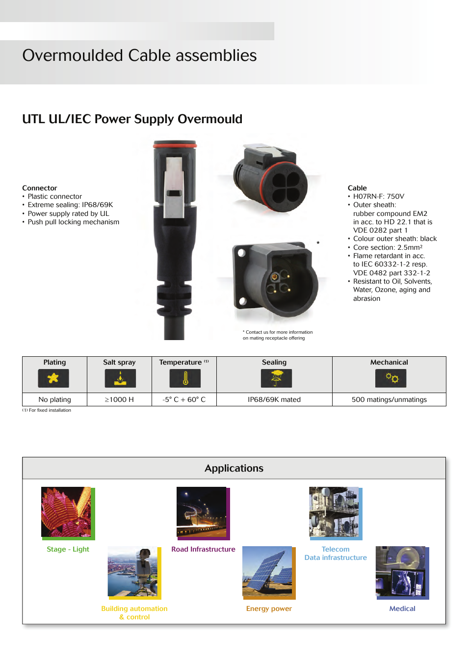 Overmoulded cable assemblies, Utl ul/iec power supply overmould, Applications | Northern Connectors Souriau Overmoulded Cable Assemblies User Manual | Page 5 / 8