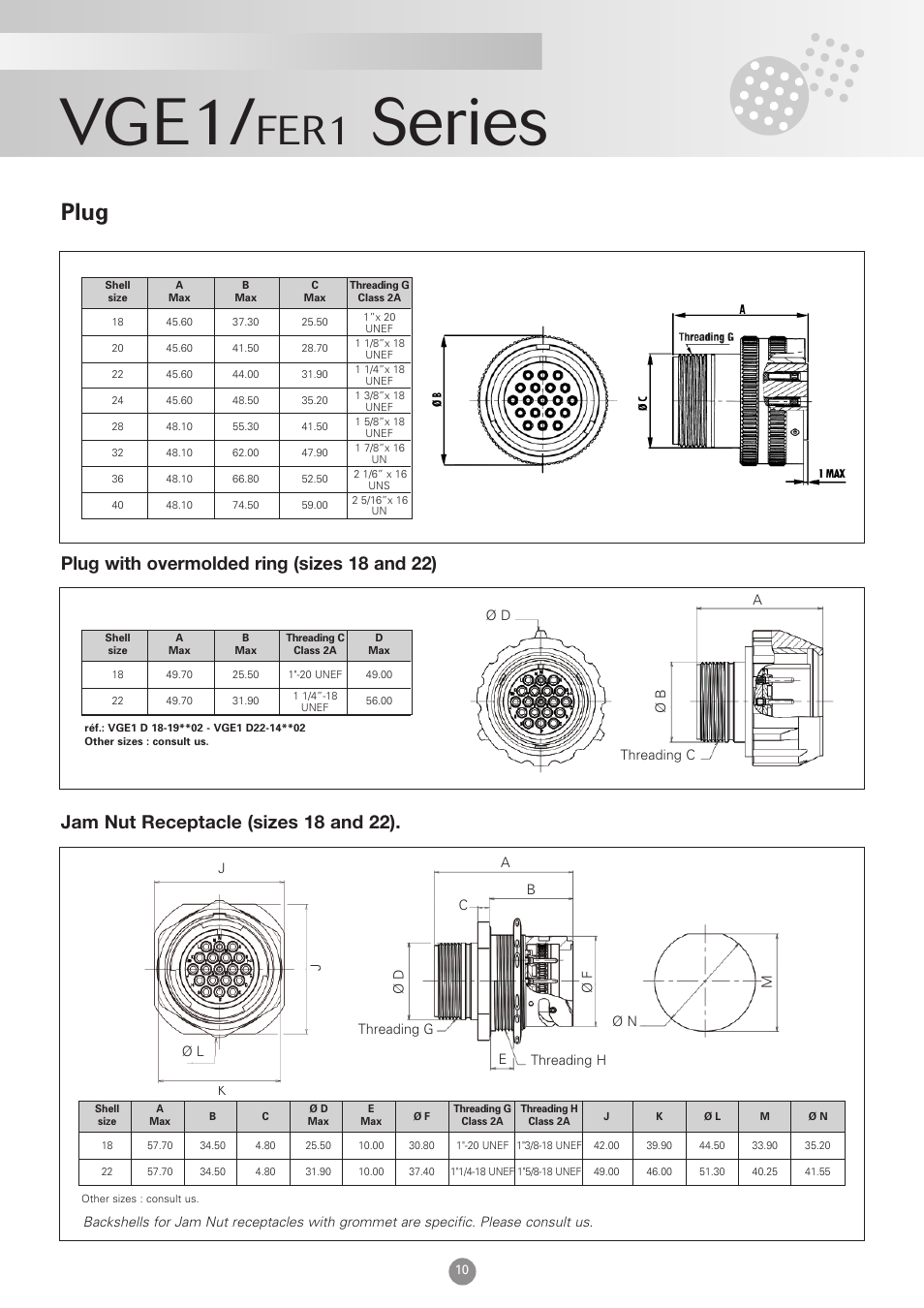 Vge1, Series, Fer1 | Plug, Plug with overmolded ring (sizes 18 and 22), Jam nut receptacle (sizes 18 and 22) | Northern Connectors Souriau VGE1 / FER1 Ruggedized Metal MIL-DTL-5015 & VG 95234 Connectors User Manual | Page 10 / 31