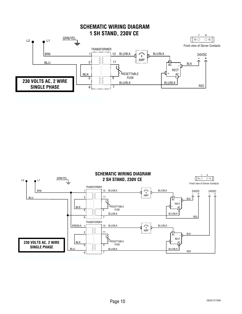 Schematic wiring diagram 1 sh stand, 230v ce, Page 10, 230 volts ac, 2 wire single phase | Schematic wiring diagram 2 sh stand, 230v ce | Bunn 2SH User Manual | Page 10 / 10