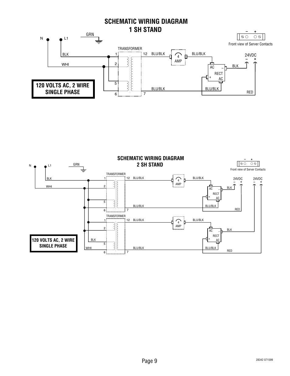 Schematic wiring diagram 1 sh stand, Page 9, 120 volts ac, 2 wire single phase | Schematic wiring diagram 2 sh stand | Bunn 2SH User Manual | Page 9 / 10