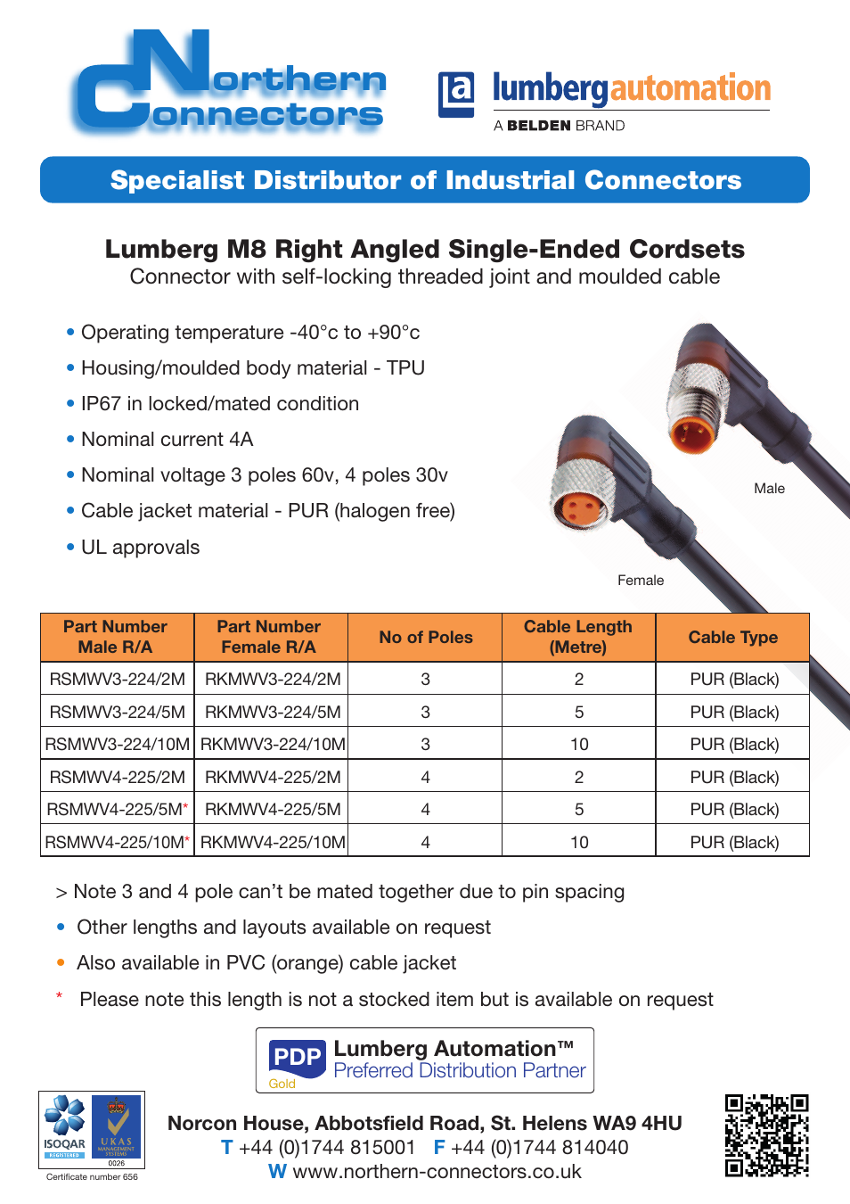 Orthern onnectors, Specialist distributor of industrial connectors, Lumberg m8 right angled single-ended cordsets | Northern Connectors Lumberg Automation M8 Single-Ended Cordsets User Manual | Page 2 / 2