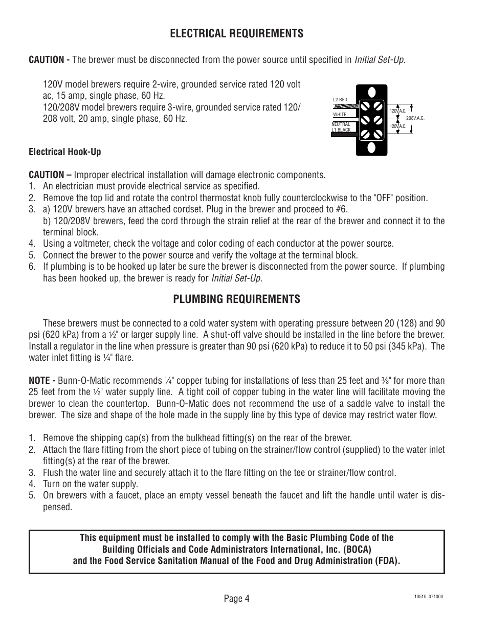 Electrical requirements, Plumbing requirements, Initial set-up | Bunn TWF User Manual | Page 4 / 32