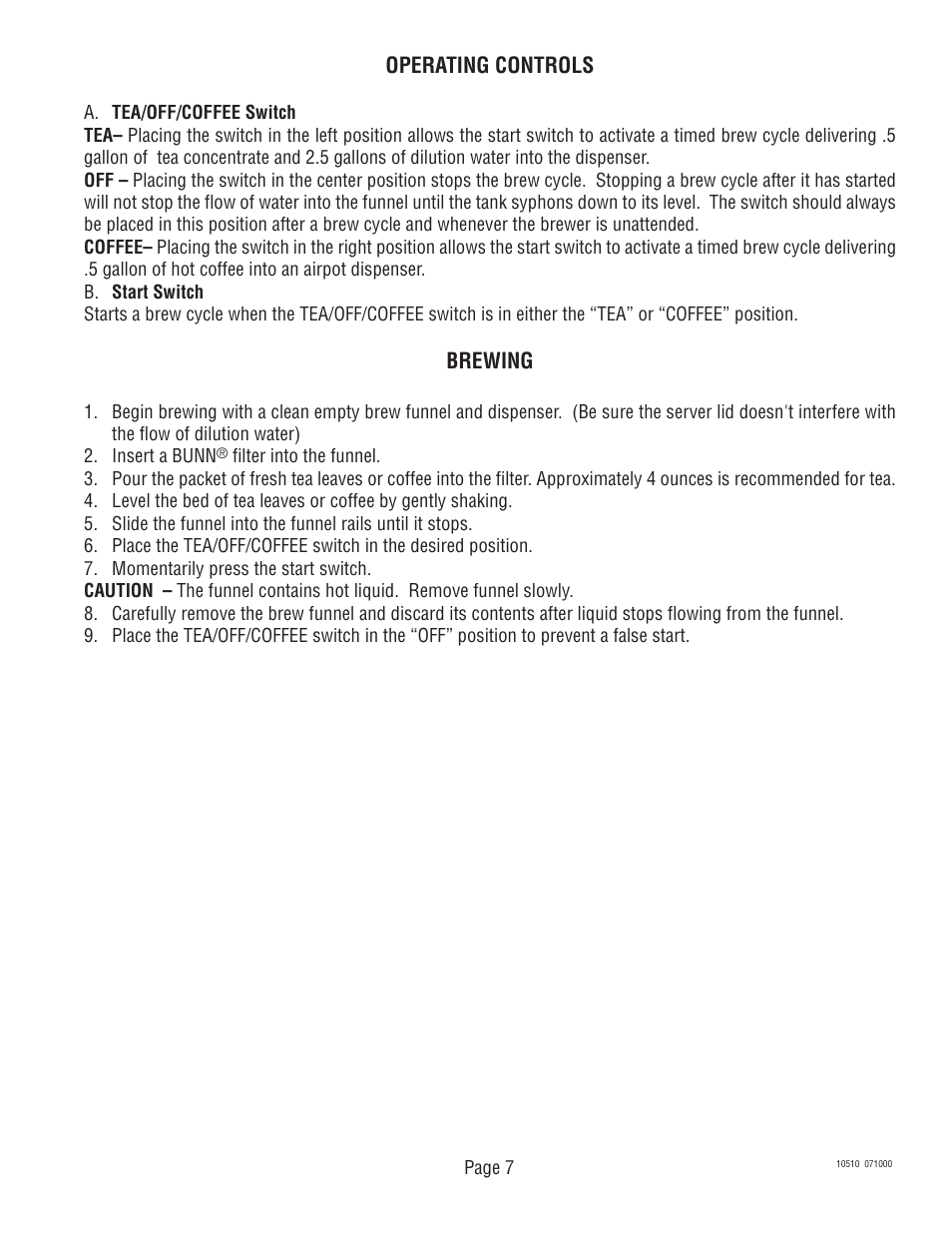 Operating controls, Brewing | Bunn TWF User Manual | Page 7 / 32