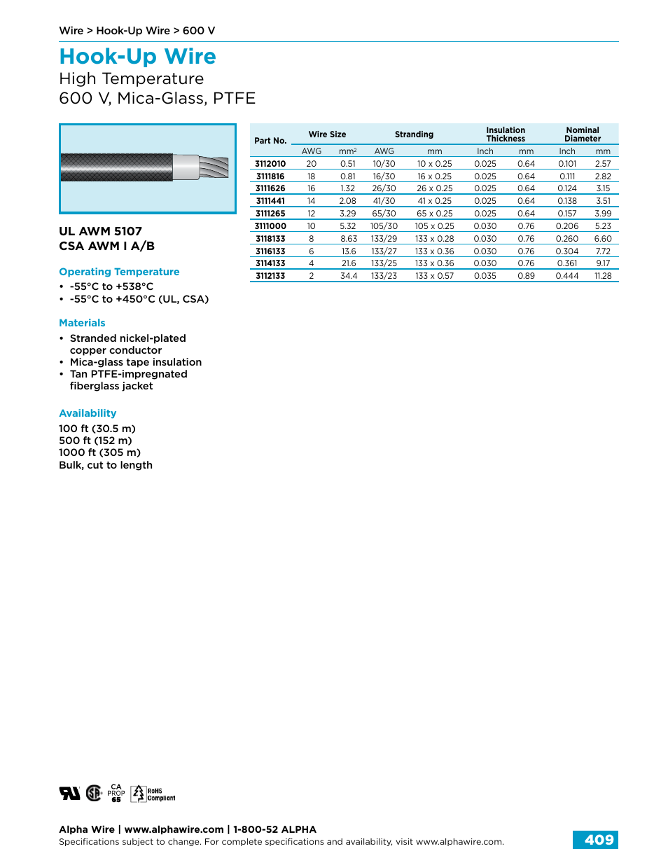 Hook-up wire, High temperature 600 v, mica-glass, ptfe, Ul awm 5107 csa awm i a/b | Northern Connectors Alpha Wire Hook-Up Wire User Manual | Page 37 / 48