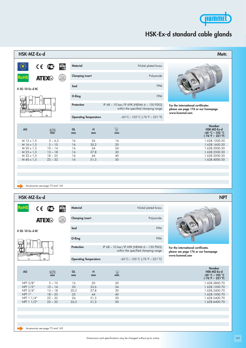 Hsk-ex-d standard cable glands, Rohs, Hsk-mz-ex-d metr. hsk-mz-ex-d npt | Northern Connectors Hummel Cable Glands - Ex-d Standard for Hazardous Areas User Manual | Page 3 / 4