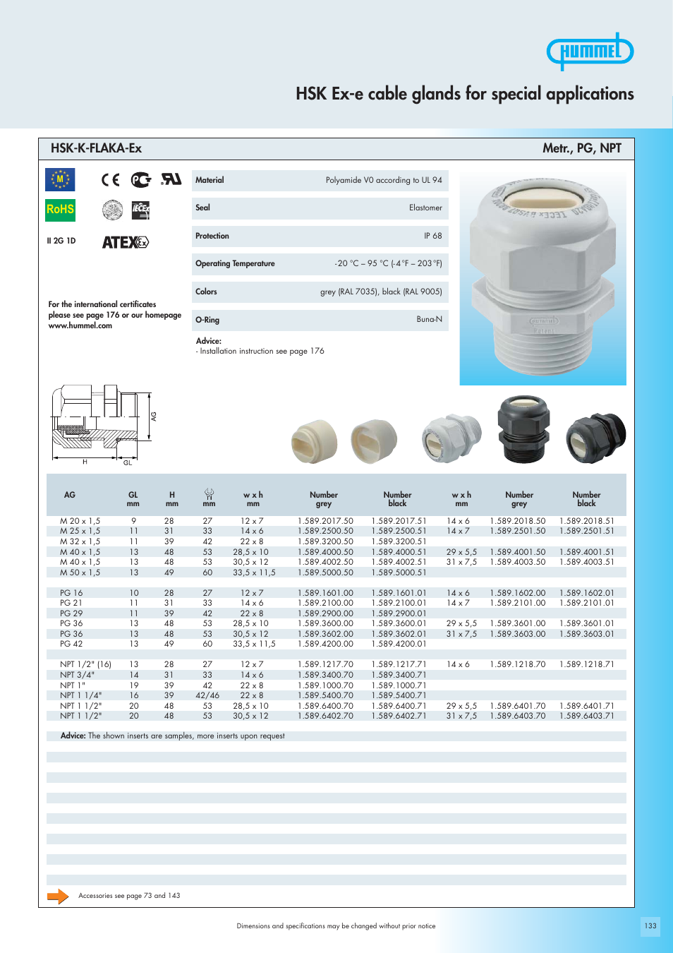 Hsk ex-e cable glands for special applications, Rohs, Hsk-k-flaka-ex metr., pg, npt | Northern Connectors Hummel Ex-e Cable Glands for Special Applications User Manual | Page 3 / 8