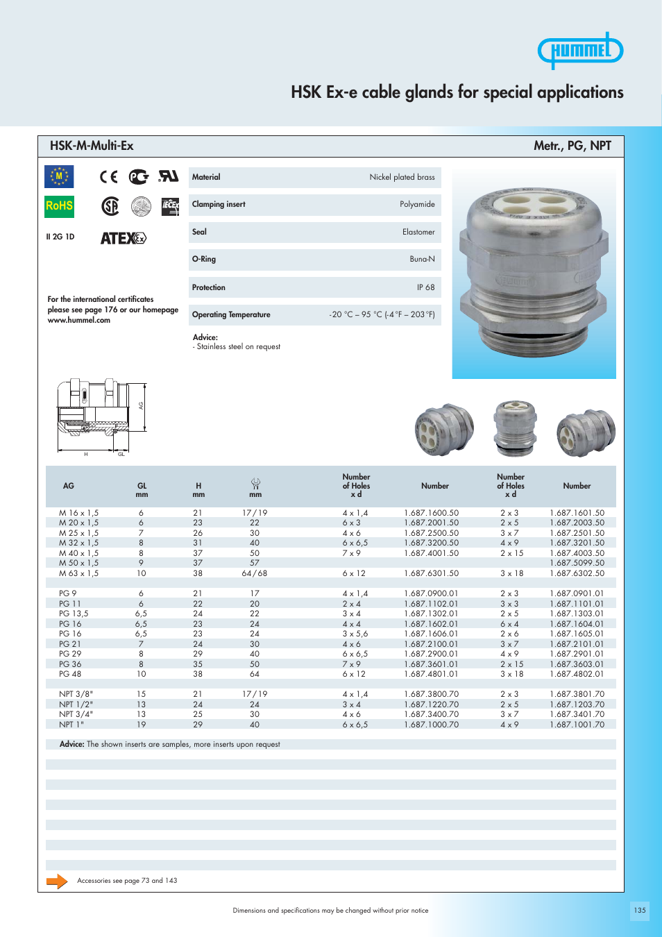 Hsk ex-e cable glands for special applications, Rohs, Hsk-m-multi-ex metr., pg, npt | Northern Connectors Hummel Ex-e Cable Glands for Special Applications User Manual | Page 5 / 8