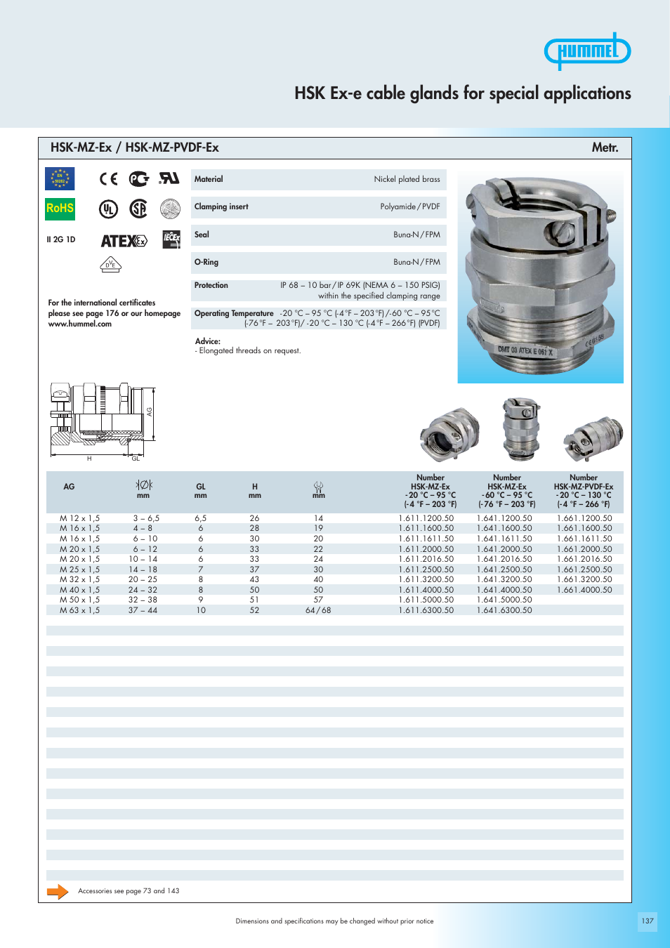 Hsk ex-e cable glands for special applications, Rohs, Hsk-mz-ex / hsk-mz-pvdf-ex metr | Northern Connectors Hummel Ex-e Cable Glands for Special Applications User Manual | Page 7 / 8