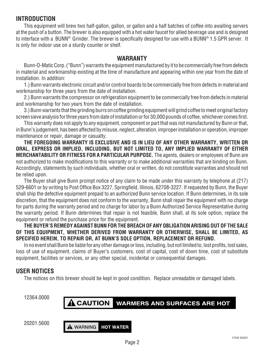 Introduction, Warranty, User notices | Bunn DUAL TM (Serial # DUAL010000 - Up) User Manual | Page 2 / 52