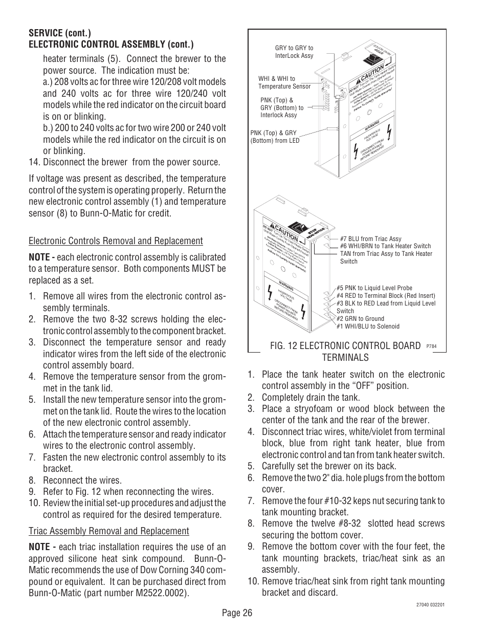 Fig. 12 electronic control board terminals, Caution | Bunn DUAL TM (Serial # DUAL010000 - Up) User Manual | Page 26 / 52