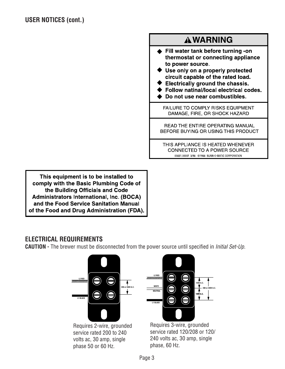 User notices (cont.) electrical requirements, Initial set-up | Bunn DUAL TM (Serial # DUAL010000 - Up) User Manual | Page 3 / 52