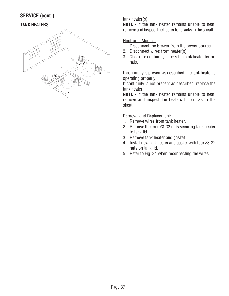 Service (cont.), Tank heaters | Bunn DUAL TM (Serial # DUAL010000 - Up) User Manual | Page 37 / 52