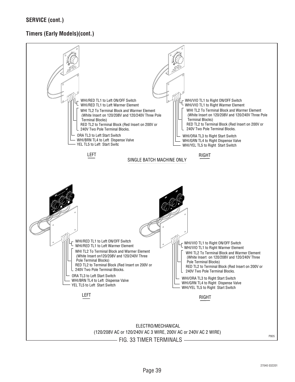 Page 39, Service (cont.) timers (early models)(cont.), Fig. 33 timer terminals | Right left, Right | Bunn DUAL TM (Serial # DUAL010000 - Up) User Manual | Page 39 / 52