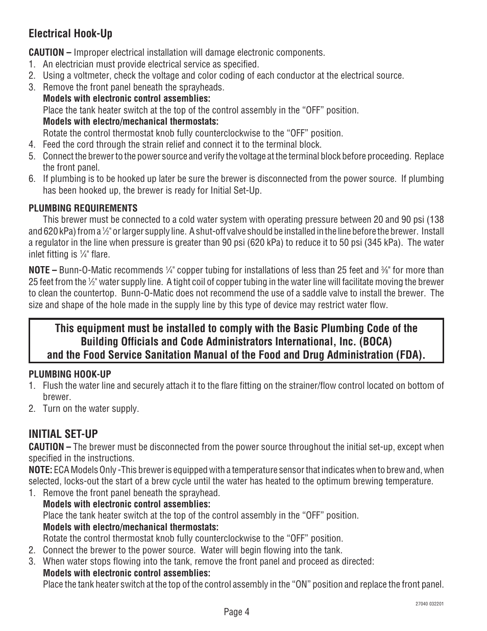Initial set-up, Electrical hook-up | Bunn DUAL TM (Serial # DUAL010000 - Up) User Manual | Page 4 / 52