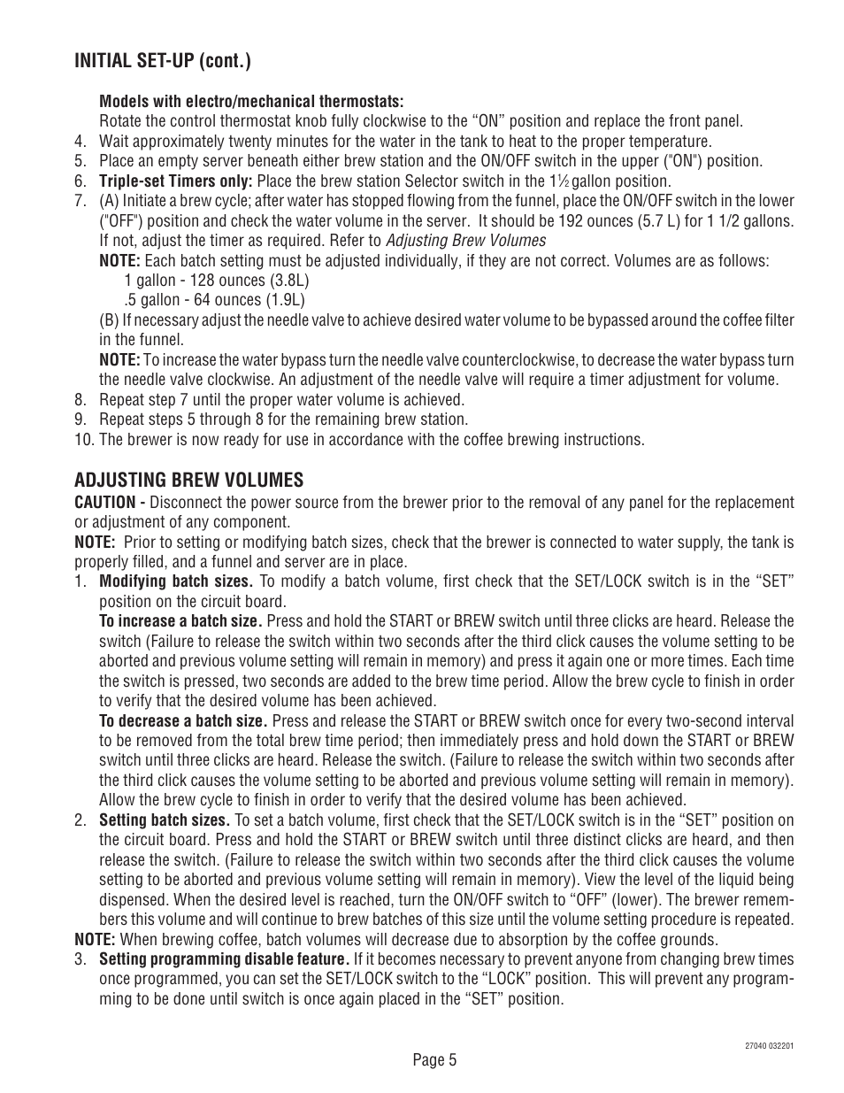 Adjusting brew volumes, Initial set-up (cont.) | Bunn DUAL TM (Serial # DUAL010000 - Up) User Manual | Page 5 / 52
