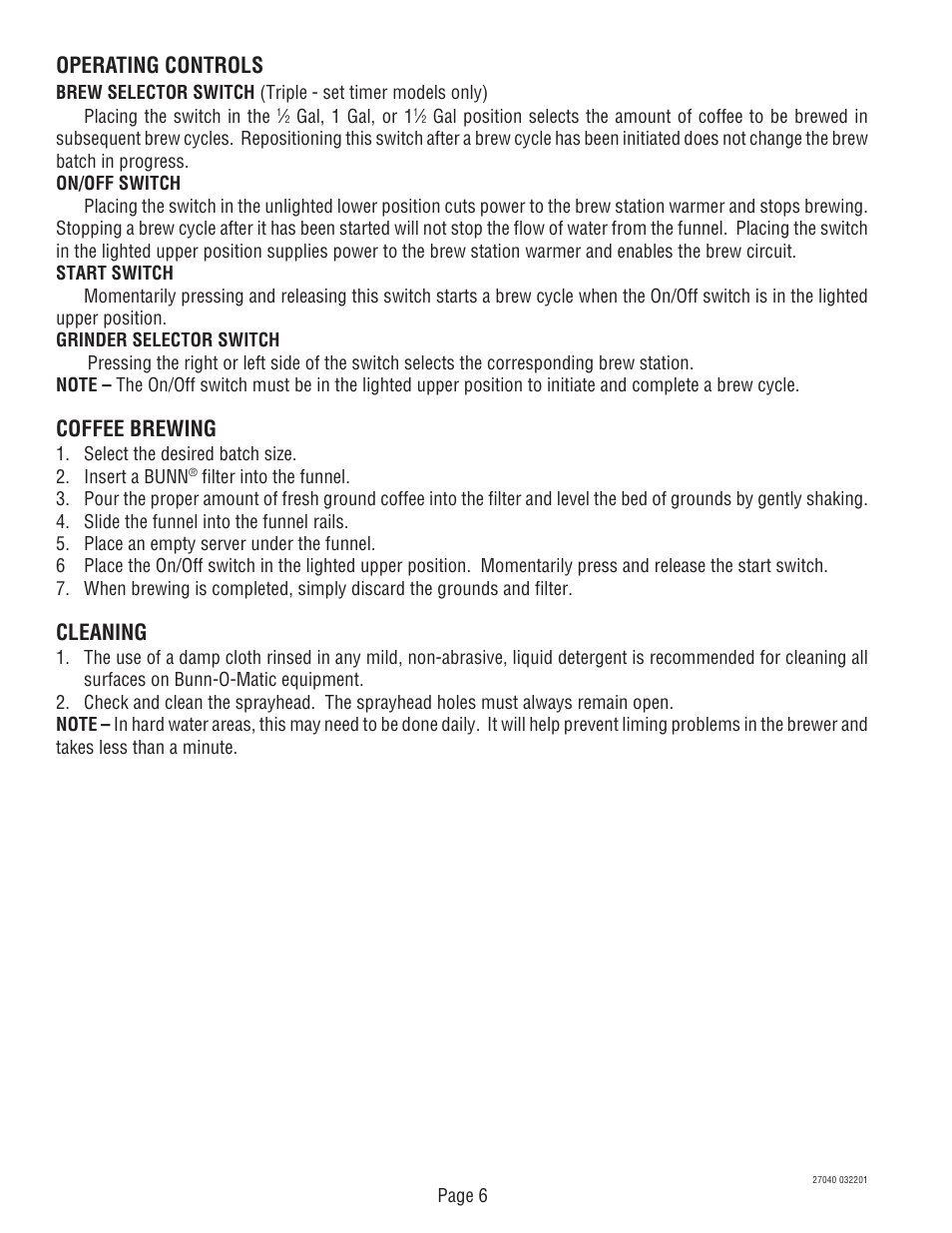 Operating controls, Coffee brewing, Cleaning | Bunn DUAL TM (Serial # DUAL010000 - Up) User Manual | Page 6 / 52